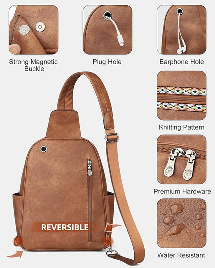 FADEON Large Sling Bag for Women, Leather Crossbody Purse Designer Anti Theft Sling Backpack, RFID Fanny Packs for Travel