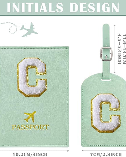 COSHAYSOO Green Passport Cover Holder and Initial Luggage Tag Set TSA Approved with Personalized Monogram Chenille Letter Patch for Women Teen Girls Couples, Preppy Travel Bag Suitcase Identifier (C)