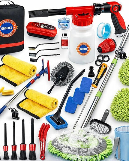 56Pcs Car Wash Cleaning Kit with Foam Gun, Car Wash Brush with Long Handle, Car Detailing Kit, Car Wheel Brush for Car Cleaning Supplies, Adjustable Hose Wash Sprayer-Quick Connector to Any Hose