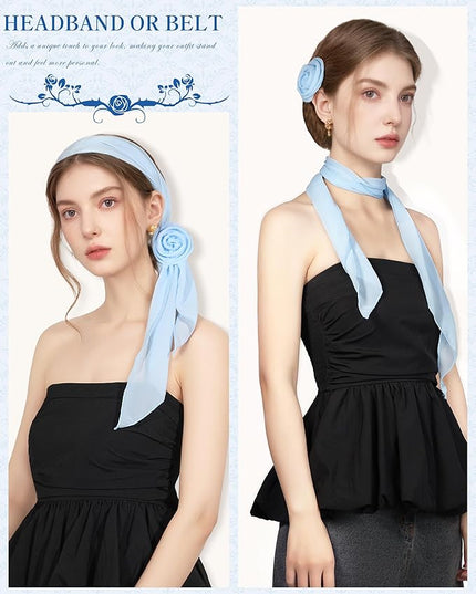 Chiffon Scarf for Women, Removable Flower Neck Scarf Light Soft Fashion Rose Scarves Versatile Headband or Hair Band