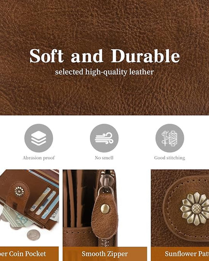 Blucoay Wallet Women,RFID Blocking Leather Womens Wallet Bifold Compact Card Holder Small Wallet for Women with Removable ID Window Darkbrown