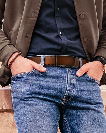 KEMISANT Men Belt 2 Pack, Leather Ratchet Belt Easy Click Slide For Men 1 3/8",Cut for Fit