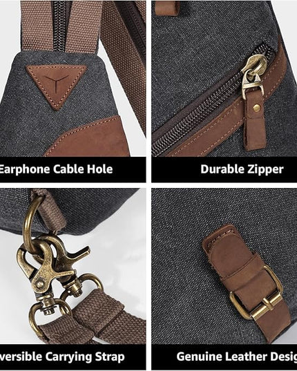 KL928 Canvas Sling Bag for Men Women, Genuine Leather Design Shoulder Crossbody Bags Backpacks Travel Daypack with Earphone Hole Rucksack, Black
