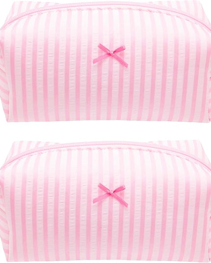 2PCS Cozy Makeup Bag Small Aesthetic Travel Zipper Cosmetic Pouch for Women Make Up Beauty Accessories Brushes, Stripe Cute Pink