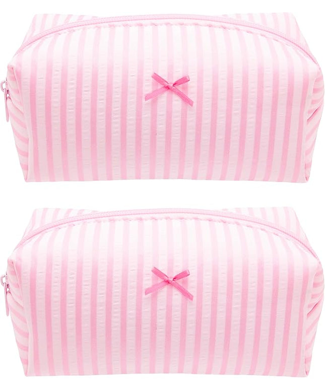 2PCS Cozy Makeup Bag Small Aesthetic Travel Zipper Cosmetic Pouch for Women Make Up Beauty Accessories Brushes, Stripe Cute Pink