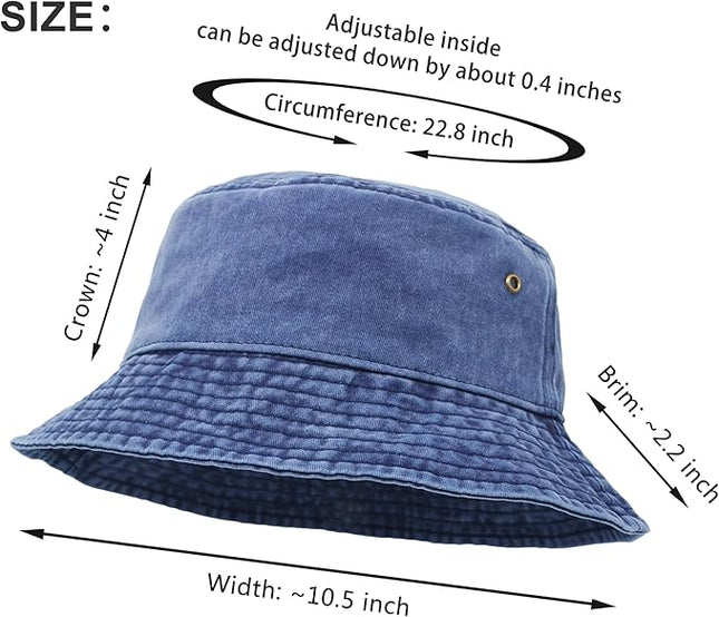 Bucket Hat, Wide Brim Washed Denim Cotton Outdoor Sun Hat Flat Top Cap for Fishing Hiking Beach Sports