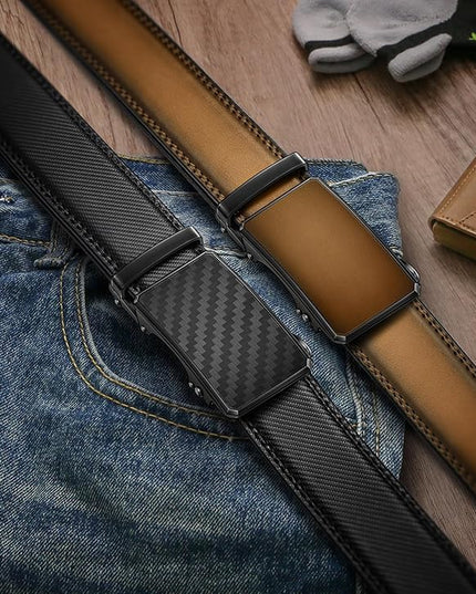 KEMISANT Men Belt 2 Pack, Leather Ratchet Belt Easy Click Slide For Men 1 3/8",Cut for Fit