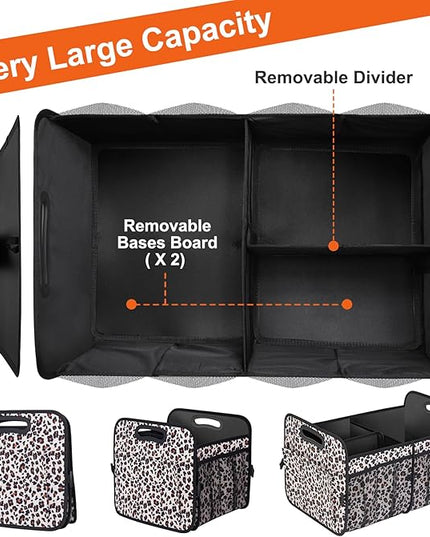 Trunk Organizer, Collapsible Trunk Organizers and Storage, Car Accessories for Women and Men, Multi-Compartment Trunk Storage Organizer for SUV, Car, Mini-Van, Leopard Print