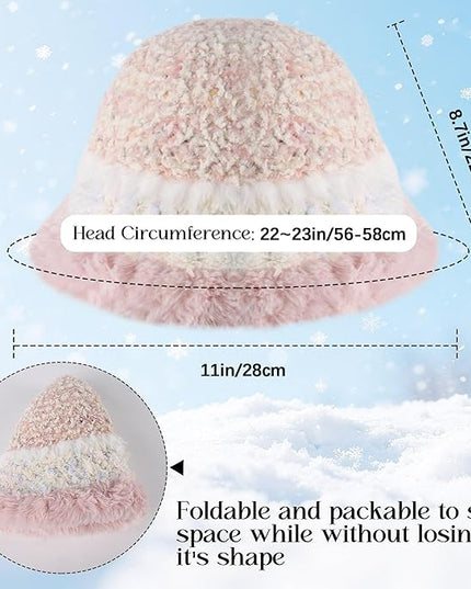 YI HENG MEI Women Knit Bucket Hat, Fluffy Winter Fisherman Hat Fuzzy Soft Warm Beanie Caps Women Cloche Caps Warm Bowler Hats