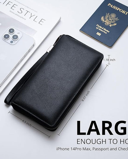 Bveyzi Women RFID Blocking Wallet Leather Zip Around Phone Clutch Large Capacity Ladies Travel Purse Wristlet | RFID Blocking, Zip Around, Large Capacity