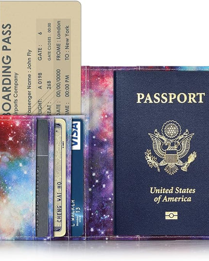 Passport Holder Cover Case PU Leather RFID Blocking Card Pockets Holder Cute Luggage Magnetic Wallet Case for Women Men, Colorful Galaxy