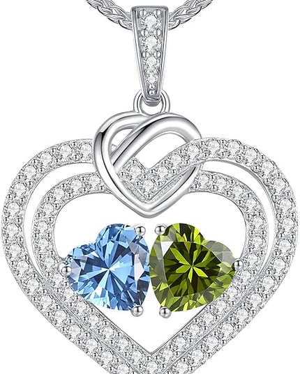 LOUISA SECRET Sparkling Double Heart Birthstone Necklaces for Women, 925 Sterling Silver Fine Jewelry, Pendant Heart Necklaces Birthday Anniversary Christmas Gift for Women Wife Mom Girlfriend Lady