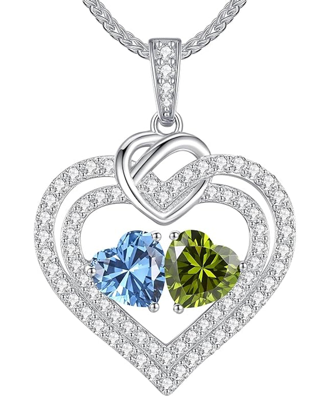 LOUISA SECRET Sparkling Double Heart Birthstone Necklaces for Women, 925 Sterling Silver Fine Jewelry, Pendant Heart Necklaces Birthday Anniversary Christmas Gift for Women Wife Mom Girlfriend Lady