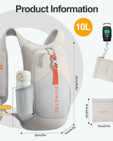 FIORETTO 10L Hiking Backpack for Women Men Mini Packable Backpack Lightweight Small Daypack for Camping Travel Outdoor, Beige