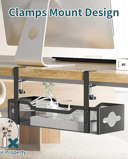 Under Desk Cable Management Tray 3 Pack, Cable Management Under Desk No Drill, Cable Organizer with Clamp for Wire Management, Cord Organizer for Office, Home - No Damage to Table (Black)