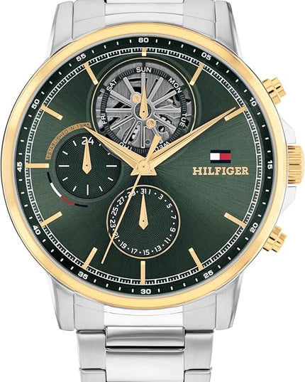 Tommy Hilfiger Men's Multifunction Quartz Watch – 44mm Stainless Steel Case, Double-Layer Dial, Link Bracelet, Skeleton-Inspired Design - Gift for Him