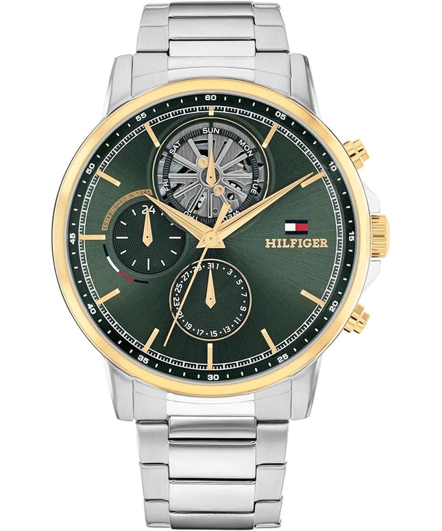 Tommy Hilfiger Men's Multifunction Quartz Watch – 44mm Stainless Steel Case, Double-Layer Dial, Link Bracelet, Skeleton-Inspired Design - Gift for Him