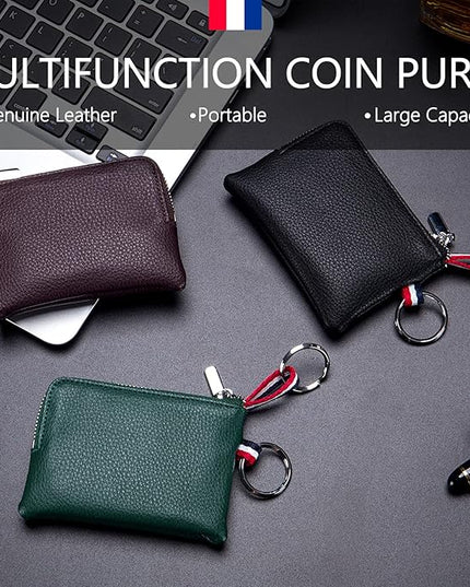 Plinvo Mini Genuine Leather Wallet Coin Purse with Dual Keyrings Compact Change Pouch and Card Holder for Men and Women (Coffee)