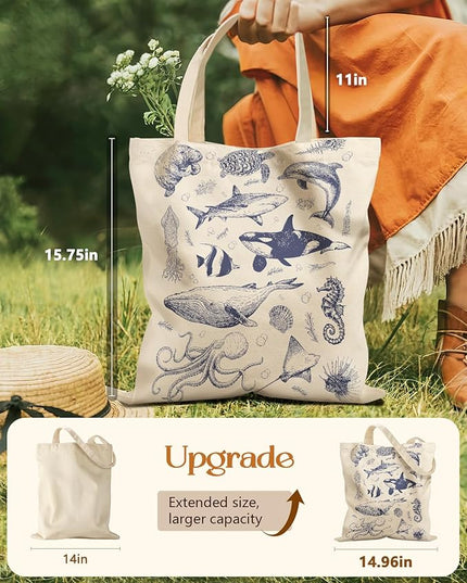 Aesthetic Tote Bag for Girls - with Magnetic Buckle and Zipper Inner Pocket for Women Lady Canvas Cotton Tote Bag
