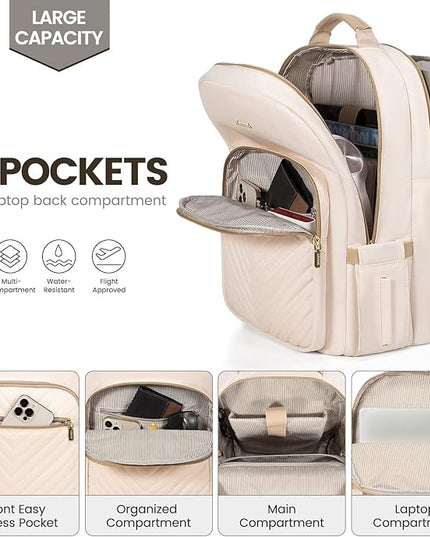 LOVEVOOK Laptop Backpack for Women 17.3 inch,Cute Womens Travel Backpack Purse,Professional Laptop Computer Bag,Waterproof Work Business College Teacher Bags Carry on Backpack with USB Port,Off-white