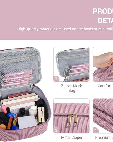 MAGEFY Small Makeup Bag for Purse Mini Cosmetics Bag Corduroy Cute Cosmetic Pouch for Women with Slip-in Pockets