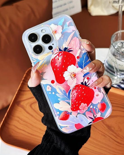Compatible with iPhone 15 Pro Case, Strawberry Pattern Luxury Magnetic Case[Compatible with MagSafe][with Beads Wrist Strap Bracelet Chain and Glitter Bling Back] for Women and Cute Girly