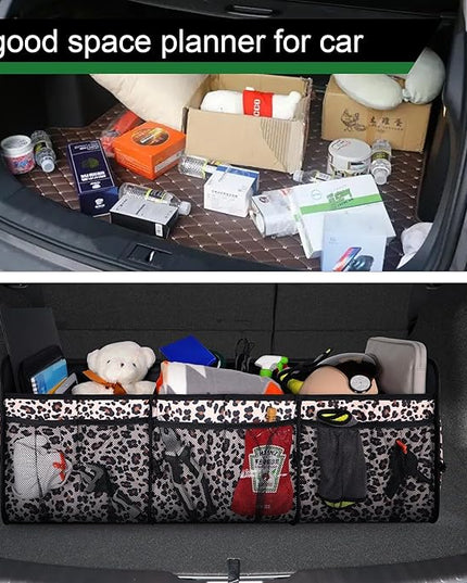 Femuar Collapsible Trunk Organizer - 90L Large Capacity with 15 Pockets, Waterproof for SUV/Car/Jeep/Sedan, Extra Large Leopard Print
