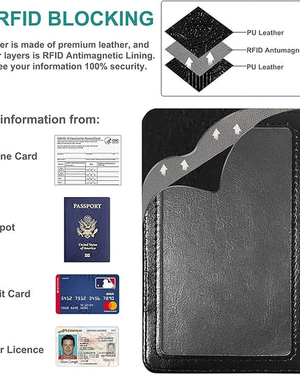 RSAquar Unisex Faux Leather Passport and Vaccine Card Holder Combo, Black, Slim and Lightweight with RFID Blocking Technology