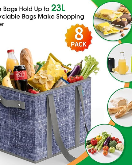 Fab totes Reusable Grocery Bags, Large Foldable Shopping Tote Bags with Reinforced Handles & Hard Bottom,Water Resistant Grocery Bags for kitchen,Picnic,8 Pack,Blue