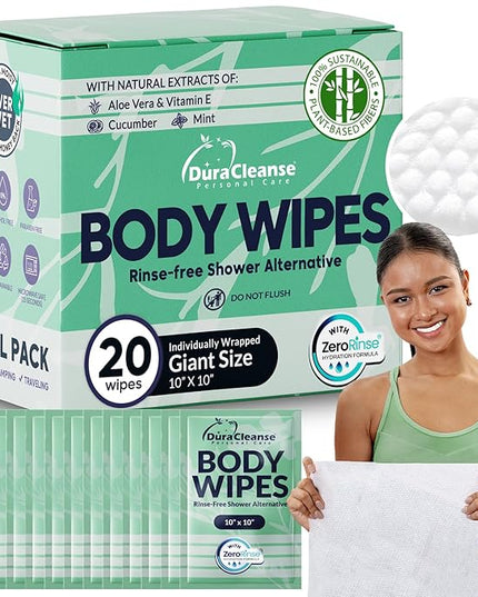 Travel Body Wipes for Women - 20 XL Shower Wipes for Adults Bathing No Rinse - Individually Wrapped 10”x10” Disposable Washcloths - Feminine Hygiene Essentials, Gym, Backpacking, Camping Must Haves