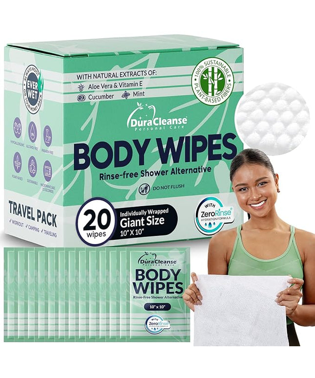 Travel Body Wipes for Women - 20 XL Shower Wipes for Adults Bathing No Rinse - Individually Wrapped 10”x10” Disposable Washcloths - Feminine Hygiene Essentials, Gym, Backpacking, Camping Must Haves
