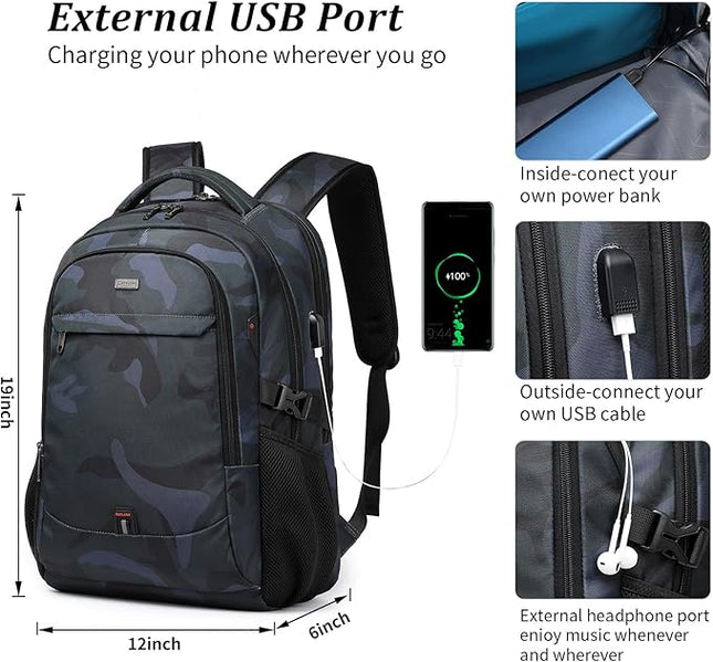 DUSLANG 17 Inch Travel Laptop Backpack Water Resistant Hiking Backpack for Men Laptop Bag with USB Charging Port,Camouflage green