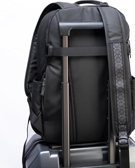 INUK Geometric Stripe Laptop Backpack, 13 Inch Water Resistant Backpack for College & Work, Recycled Travel Daypack Made from 24 Plastic Bottles, with Hidden Pocket & Luggage Strap, Black