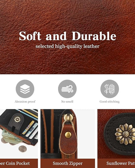 Blucoay Leather Wallet Women,RFID Blocking Womens Wallet Bifold Compact Small Wallet for Women Card Holder with Zip Coin Pocket Brownblack