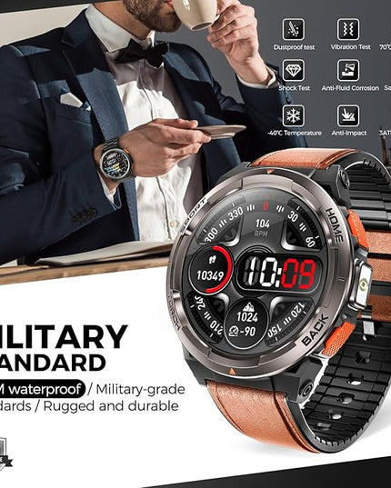 EIGIIS KE5 Military Smart Watch for Men with Flashlight SOS 3ATM Waterproof Watch 530mAh Big Battery 1.45" Rugged Tactical Smartwatch with Compass Elevation Barometer Fitness Watch for iPhone (Brown)