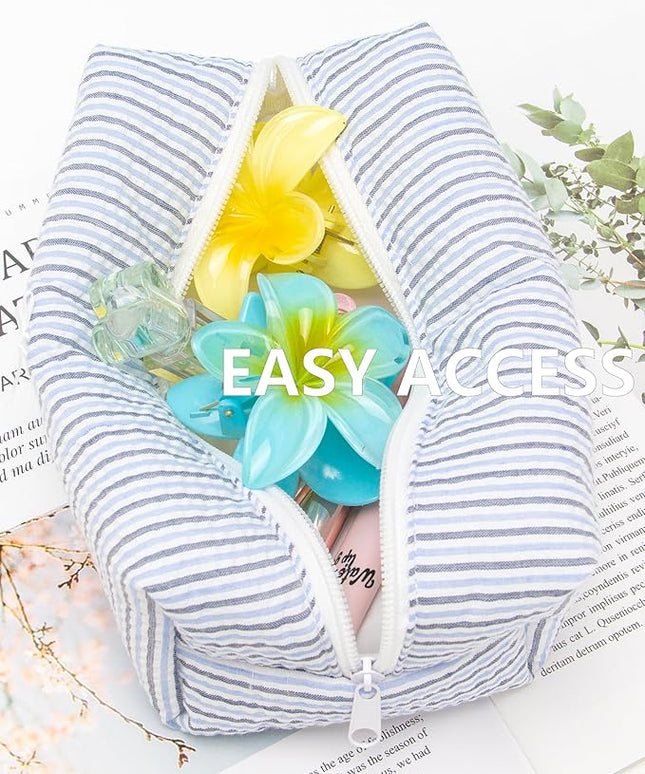 PAZIMIIK 2PCS Cozy Makeup Bag Small Aesthetic Travel Zipper Cosmetic Pouch for Women Make Up Beauty Accessories Brushes, Stripe Blue Mix