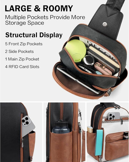 FADEON Large Sling Bag for Women, Leather Crossbody Purse Designer Anti Theft Sling Backpack, RFID Fanny Packs for Travel