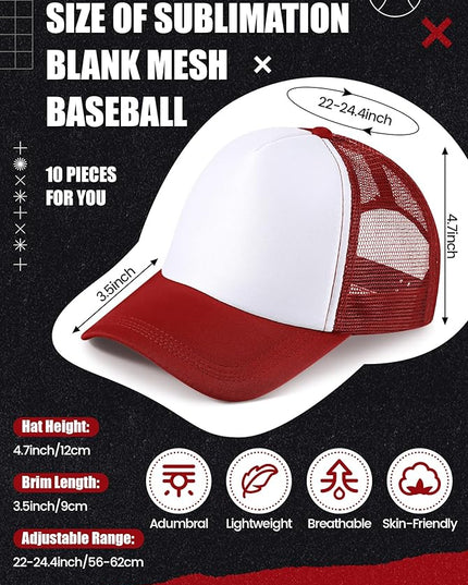 10 Pcs Sublimation Blank Trucker Hats Bulk Mesh Baseball Cap Polyester Mesh Trucker Hat for Men and Women