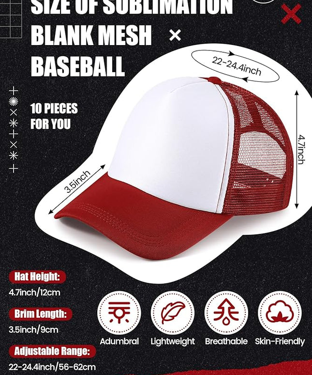 10 Pcs Sublimation Blank Trucker Hats Bulk Mesh Baseball Cap Polyester Mesh Trucker Hat for Men and Women