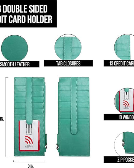 ili New York Long Double Sided Slim Wallet, RFID Blocking Card Holder with ID Window and Side Zip Pocket for Men and Women, Turquoise