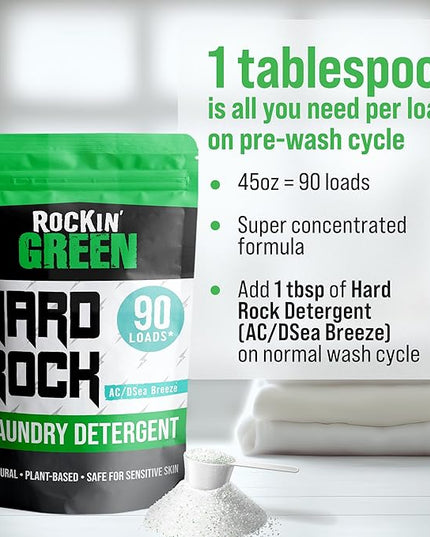 Rockin' Green Hard Rock Powder Laundry Detergent (90 Loads) - Natural Powdered Laundry Detergent, Sensitive Skin Laundry Powder (AC/DSea Breeze)