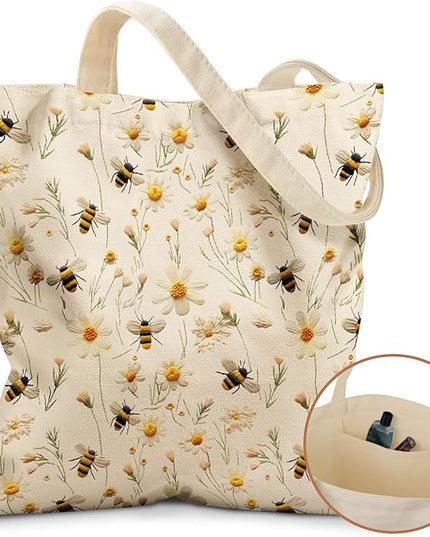 Canvas Tote Bag with Pockets - Aesthetic Reusable Totes for Women Ladies Cute Printed Cloths Canvas Shoulder Bag