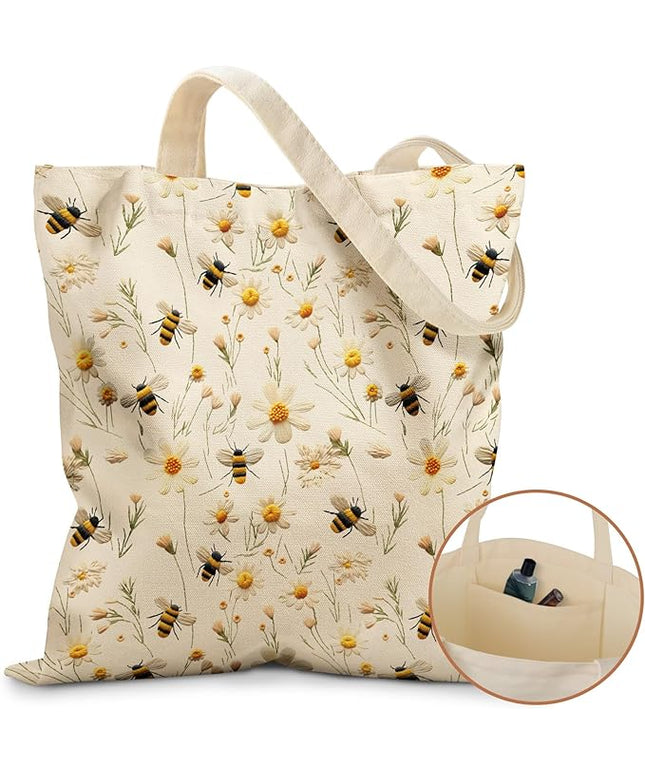 Canvas Tote Bag with Pockets - Aesthetic Reusable Totes for Women Ladies Cute Printed Cloths Canvas Shoulder Bag