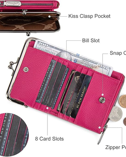 Montana West Wrangler Women's Wallet RFID Blocking Wallets Small Bifold Credit Card Holder with Kiss Clasp Hot Pink