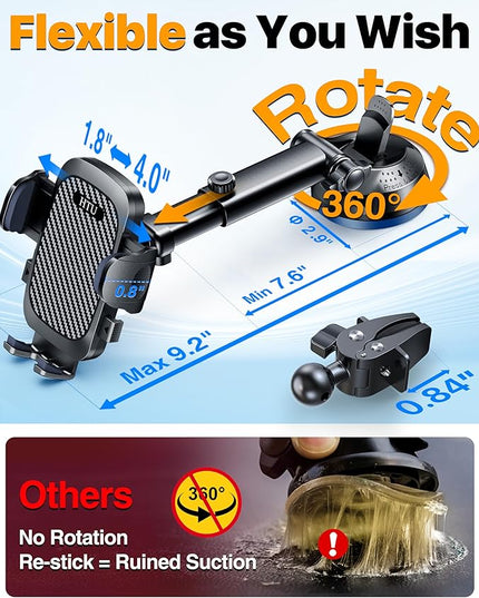 2026 Ultimate Best【True Military-Grade & Safety Cert】Car Phone Holder HTU【Upgraded 360 Rotation & 100+LBS Strongest Suction】5-in-1 Truck Windshield Dashboard Vent Mount Stand for iPhone Android, Black