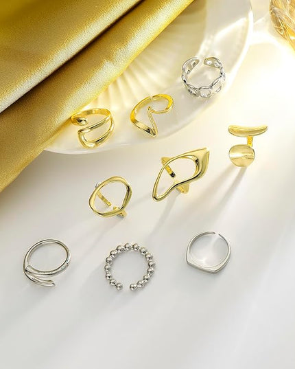 Chunky 14K Gold Plated Stackable Rings Set for Women,Vintage Knuckle Rings Dainty Hollow Carved Joint Finger Midi Rings Pack Adjustable Signet Mixed Size