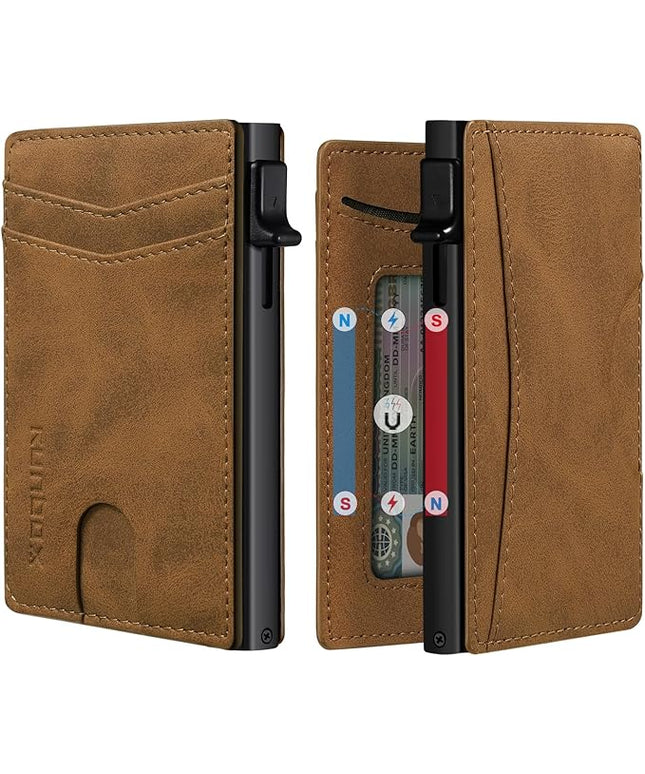 RUNBOX Slim Card Wallet for Men with ID Window – Minimalist RFID Wallet, Pop-Up Function, Ultra Thin Design, Metal Business Card Case Holds 8+ Cards, Gifts for Men, Men's Accessories