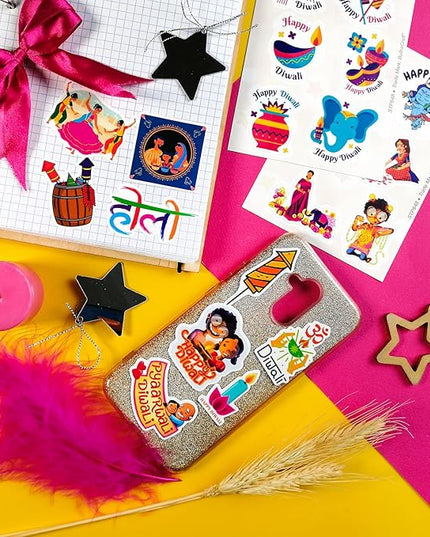 BulbaCraft 100Pcs Diwali Stickers - Diwali Decorations Laptop Decals, Gifts for Women & Men