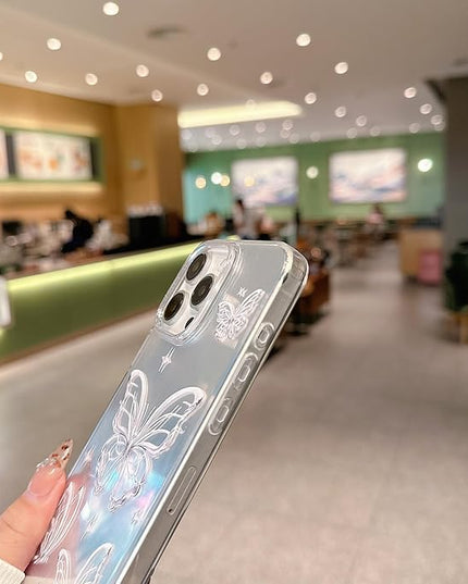 for iPhone 15 Pro Case, [Glitter Butterfly Pattern Print][Stylish Design with Bracelet Wrist Strap] PC+TPU Shockproof and Anti-Drop Case for Women and Girls