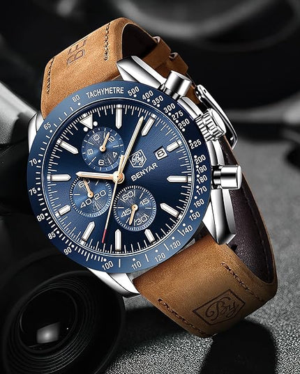 BY BENYAR Watch for Men Analog Quartz Chronograph Waterproof Luminous Designer Mens Wrist Watches Business Work Sport Casual Dress Watch with Silicone Strap Elegant Gifts for Men